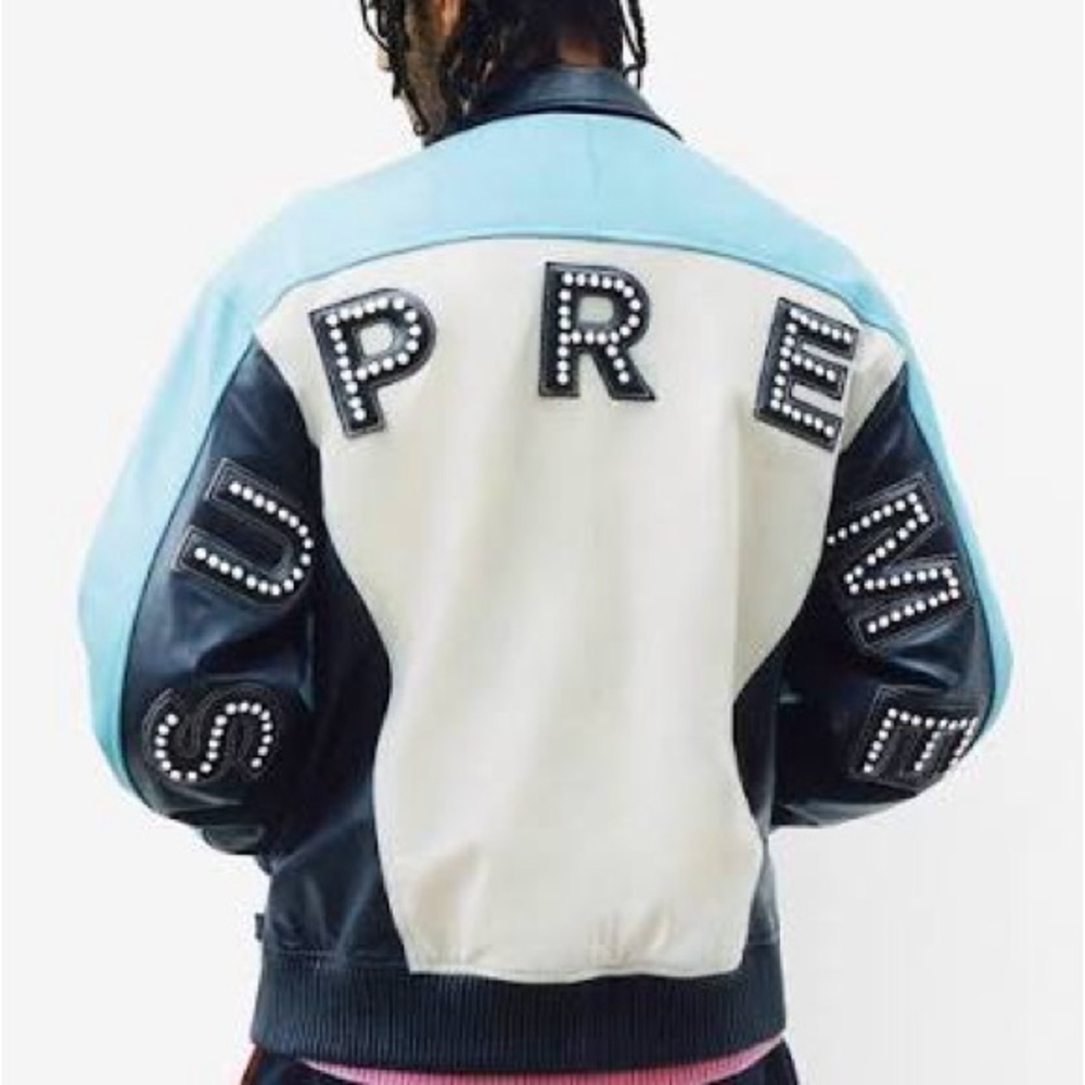 SS18 Supreme Studded Arc Logo Leather Jacket Blue 2018 Blue White